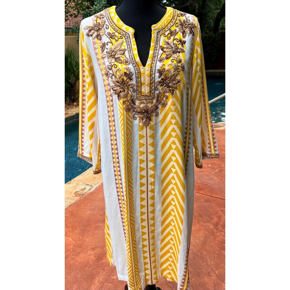 Soft Surroundings NWT‎ Beaded Embellished Tunic Dress Yellow White Boho Small